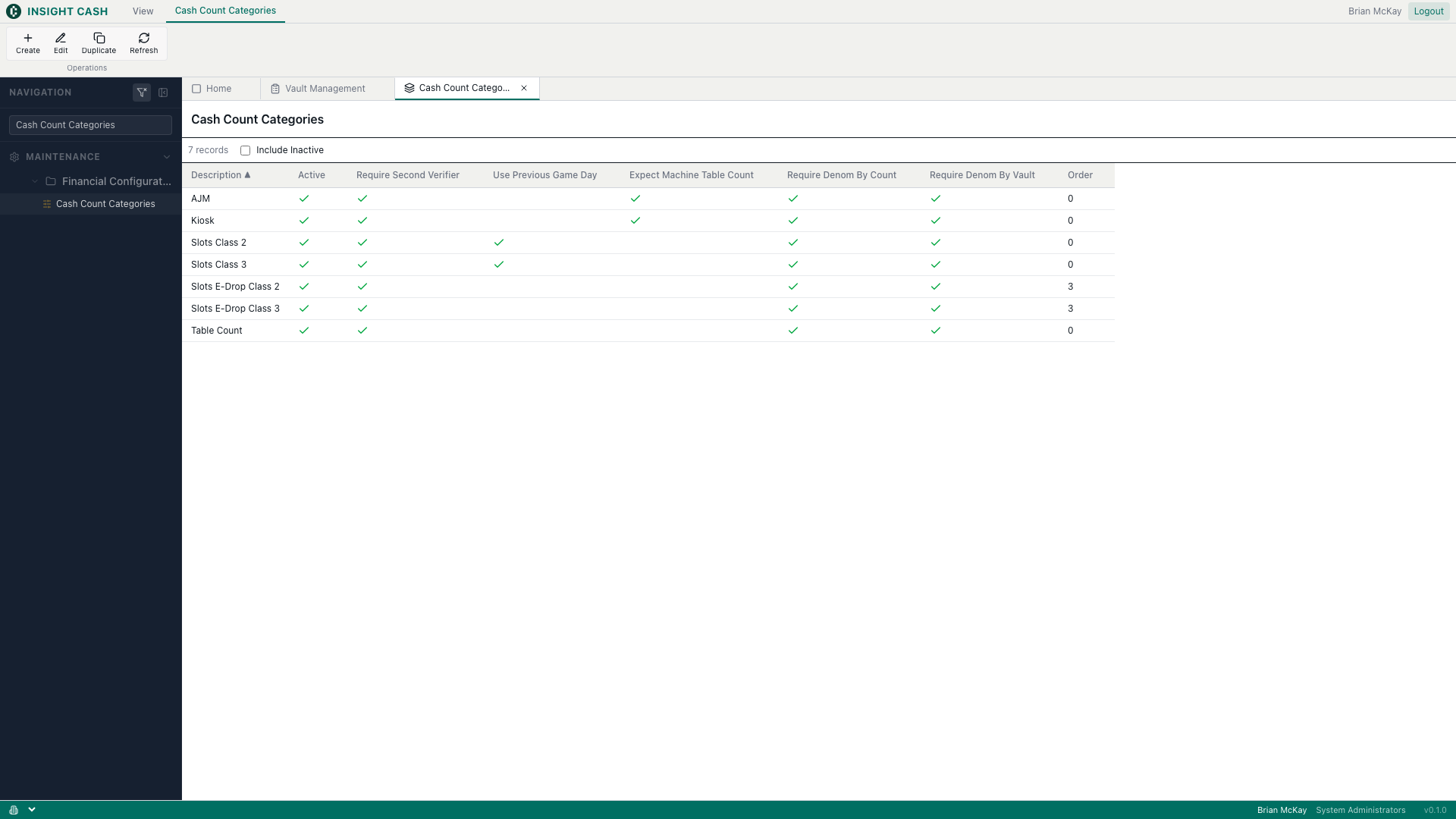 Cash Count Categories — main view