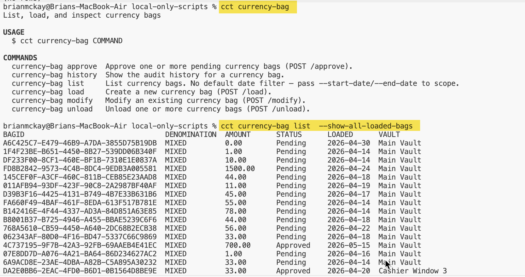 cct currency-bag command output