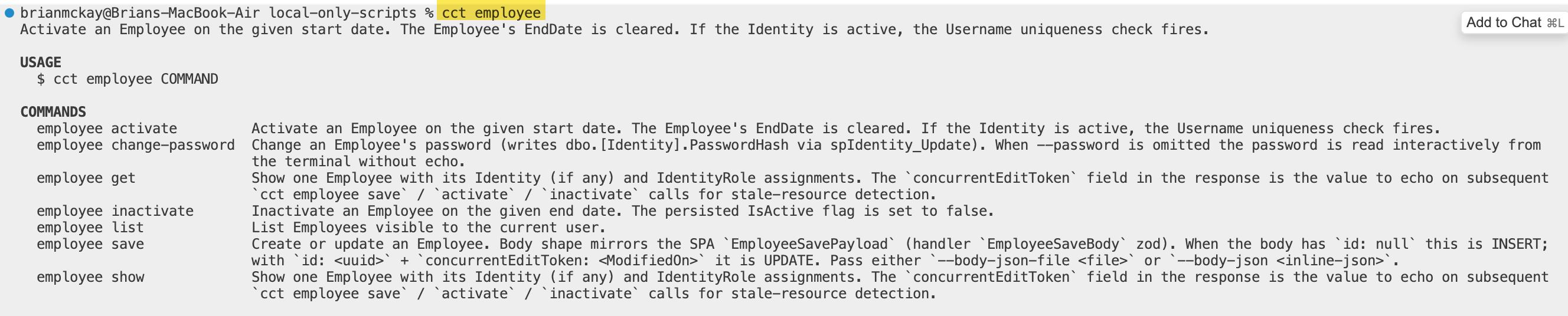 cct employee command output