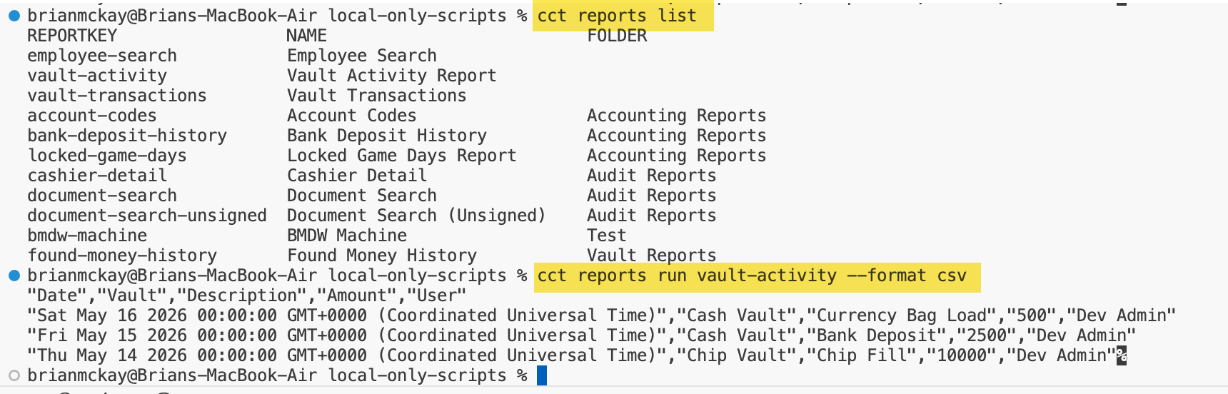 cct reports list and run output