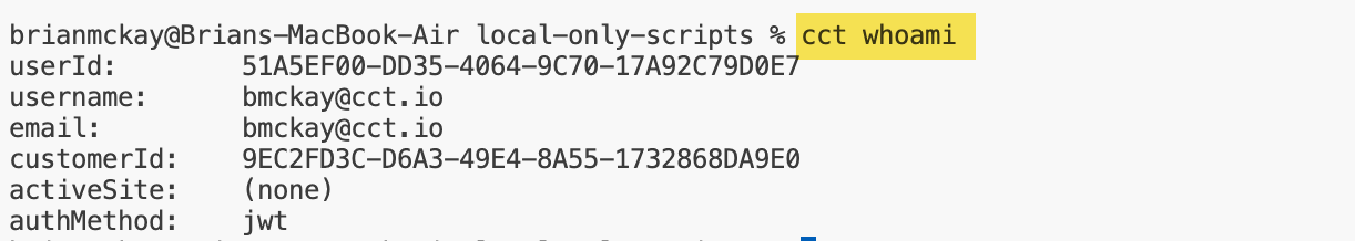 cct whoami command output