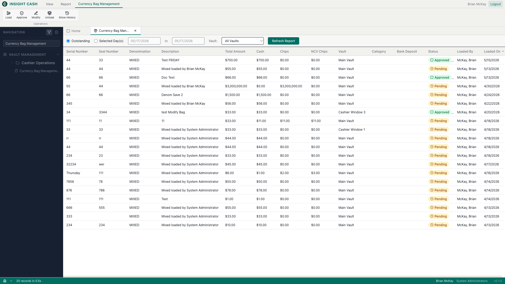 Currency Bag Management — main view
