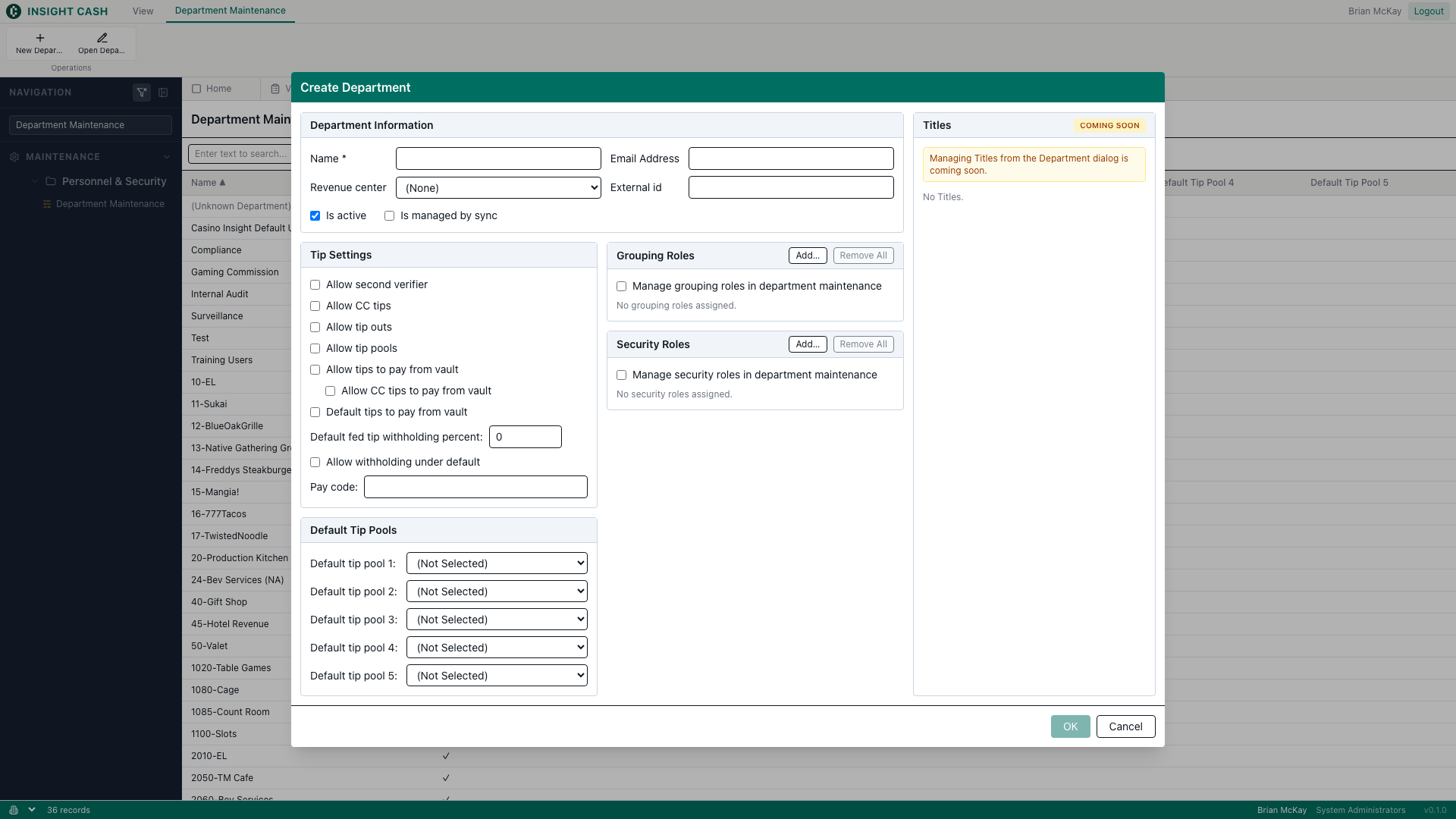 New department dialog