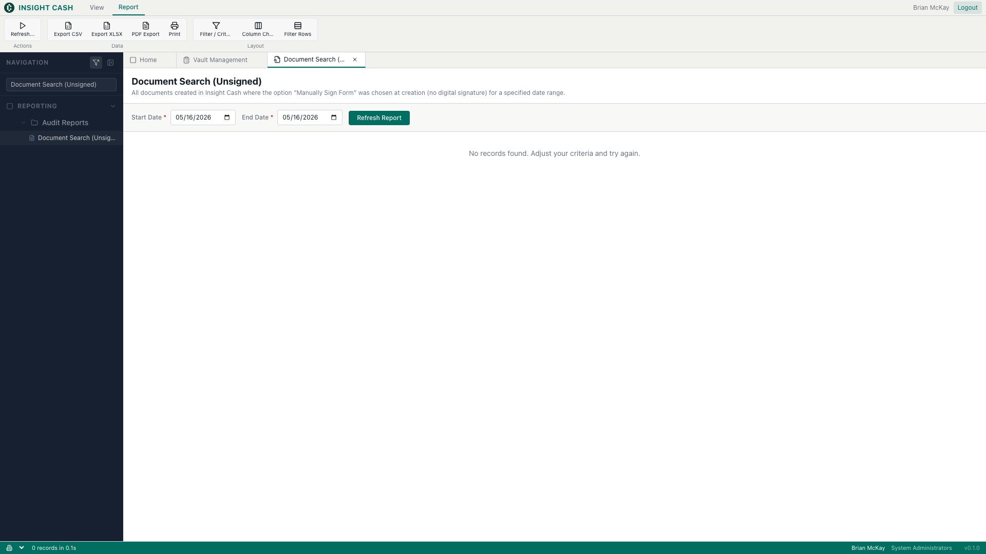 Document Search (Unsigned) report