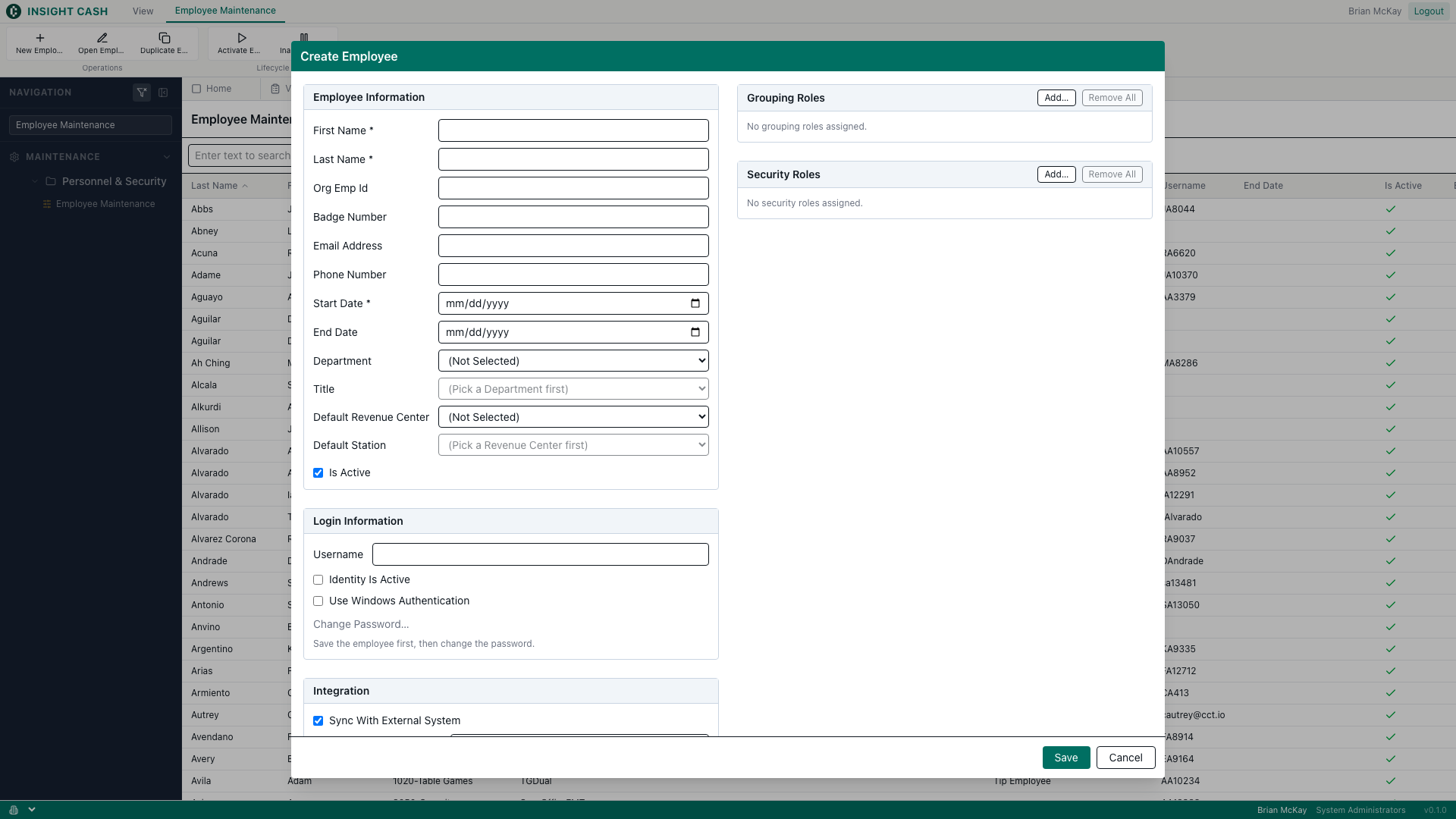 New employee dialog