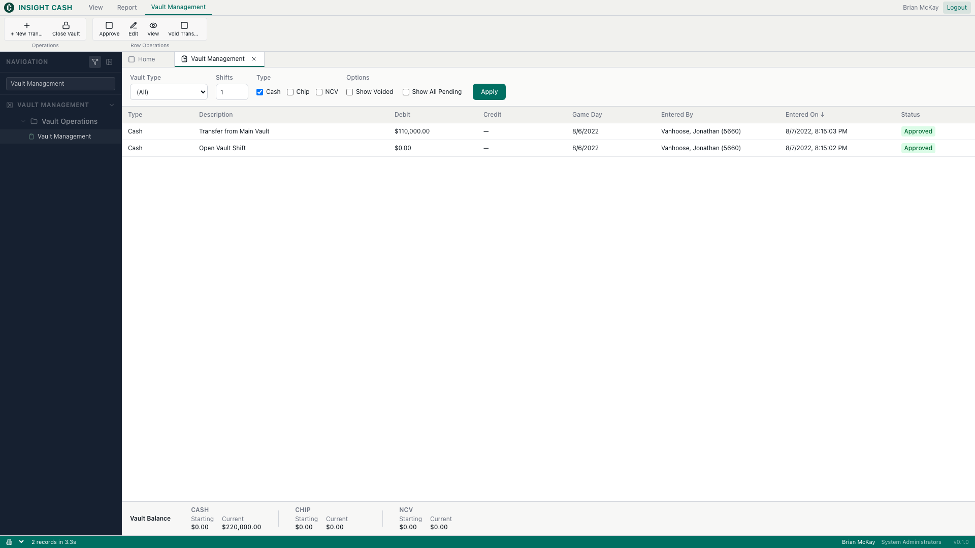 Vault Management — main view